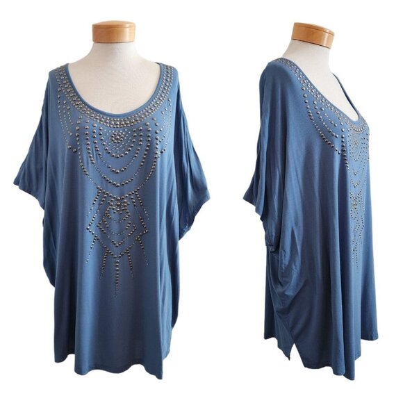 Haute Hippie Tribe Studded Rhinestone Dusty Blue Modal/Spandex Blouse Top 3X - Picture 1 of 16